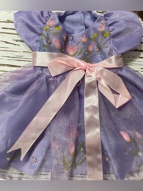 Lavender Hand painted Floral  Pet Party Dress with Pink Satin Bow
Medium